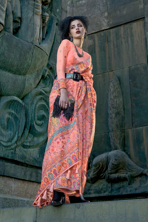 Buy Peach Weaving Organza Traditional Saree Form Shubhkala