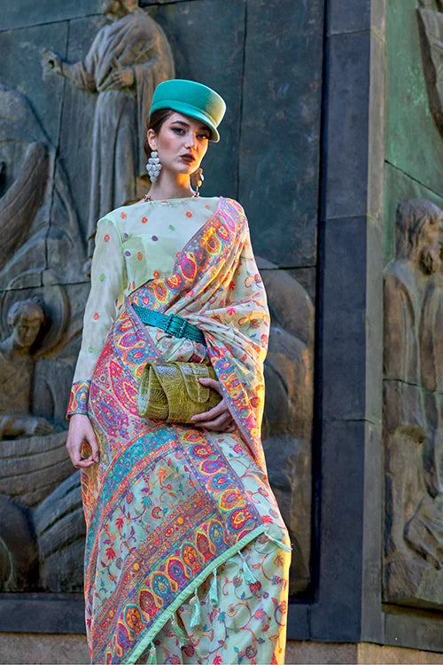 Light Sky-Blue Kashneer Silk Handloom Organza Silk Saree At ShubhKala Fashion