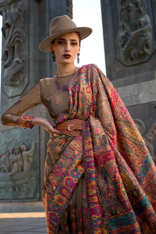 Kashmiri Pashmina Organza Digital Printed Silk Saree At Shubhkala Fashion