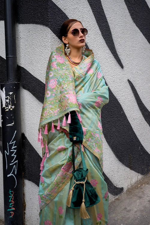 Indian Banarai Silk Zari Kashmiri Weaving Handlom Saree With Unstitched Blouse Piece