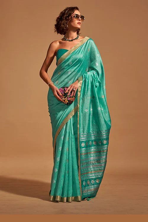 Ready To Wear Linen Silk Saree Unstiitched Blouse Rama Colour