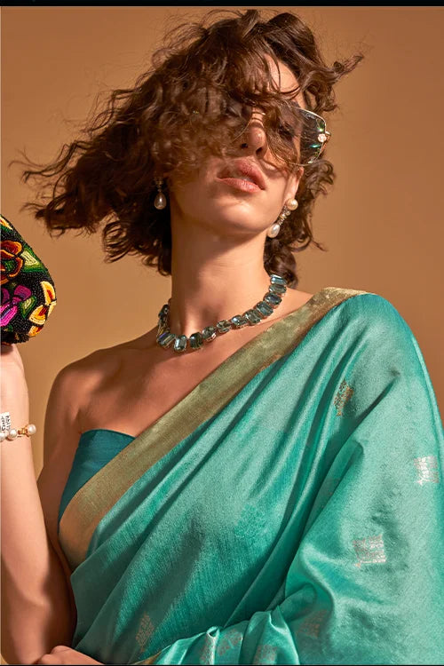 Ready To Wear Linen Silk Saree Unstiitched Blouse Rama Colour