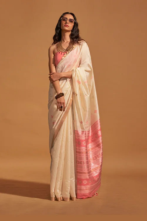 Ready To Wear Linen Handloom Silk Saree Off-White