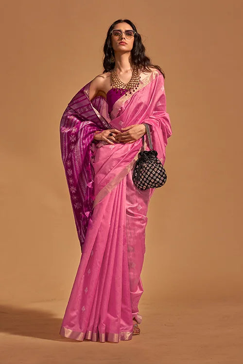 Pink Kanoi Silk Woven Floral One Minute Handloom Saree