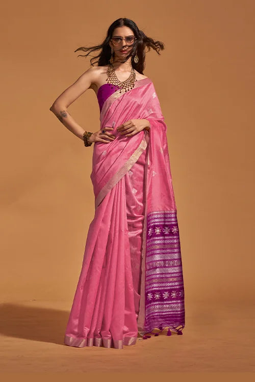Pink Kanoi Silk Woven Floral One Minute Handloom Saree