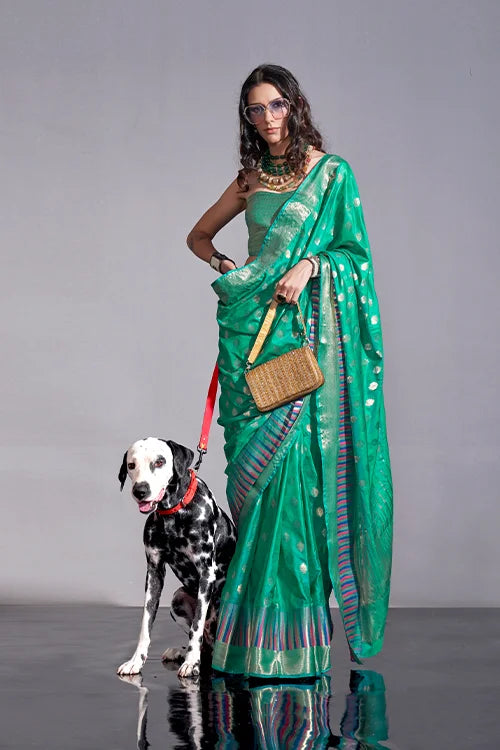 Teal Green Banarasi  Handloom Silk Saree With Unstitched Blouse