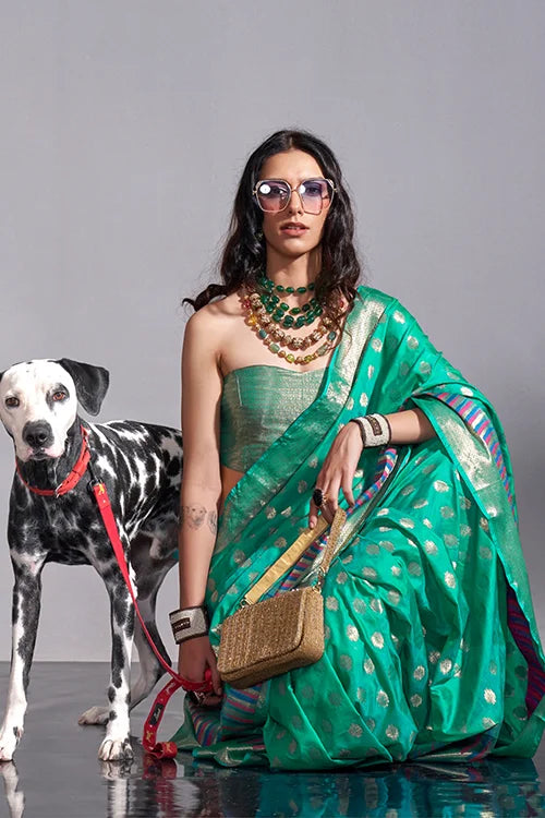 Teal Green Banarasi  Handloom Silk Saree With Unstitched Blouse