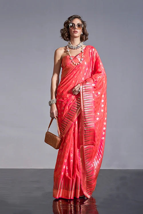 Woven Zari Coral Pink Silk Light Weight Handloom Saree