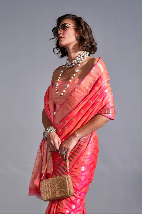 Woven Zari Coral Pink Silk Light Weight Handloom Saree