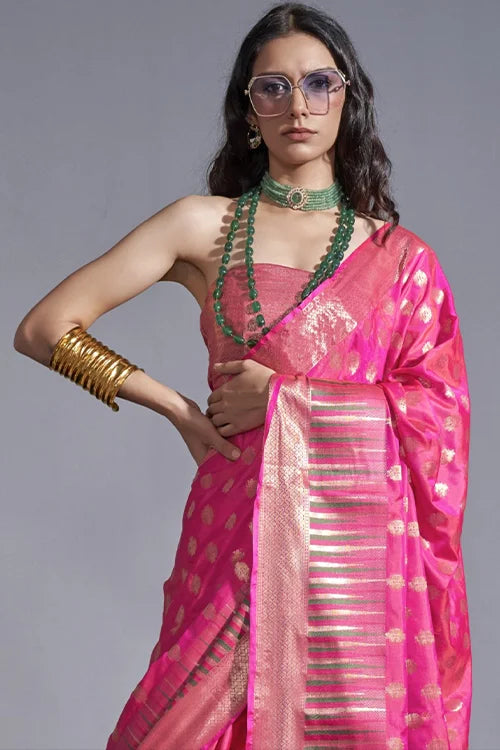 Pink Engagement Wear Silk Weaving Saree At Shubhkala Fashion
