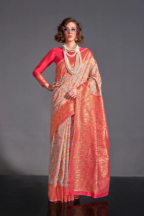 New Collection For Women Wear Beige-Pink Saree With Unstitched Blouse