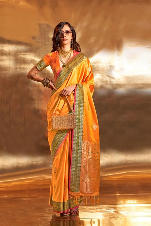Buy Yellow Satin Silk Weaving Festival Wear Saree Online From Shubhkala Fashion