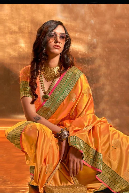 Buy Yellow Satin Silk Weaving Festival Wear Saree Online From Shubhkala Fashion