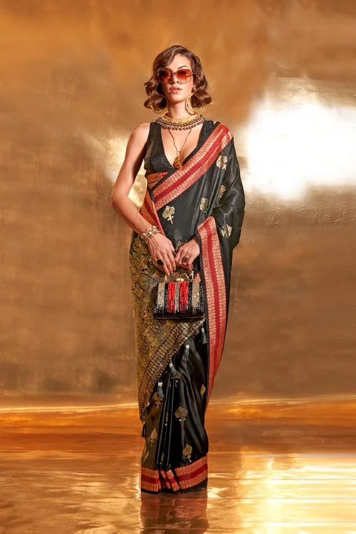 Pure Satin Handloom Weaving Silk Saree With Unstitched Blouse Piece