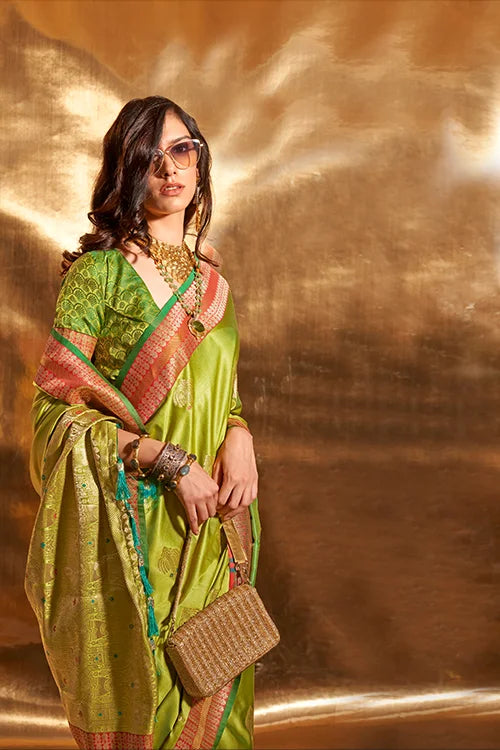 Bright Green Pure Satin Chaap Border Silk Saree With Unstitched Blouse Piece