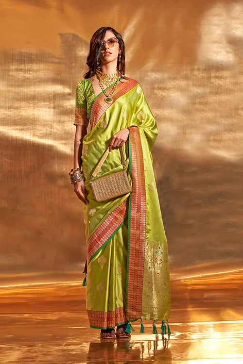 Bright Green Pure Satin Chaap Border Silk Saree With Unstitched Blouse Piece