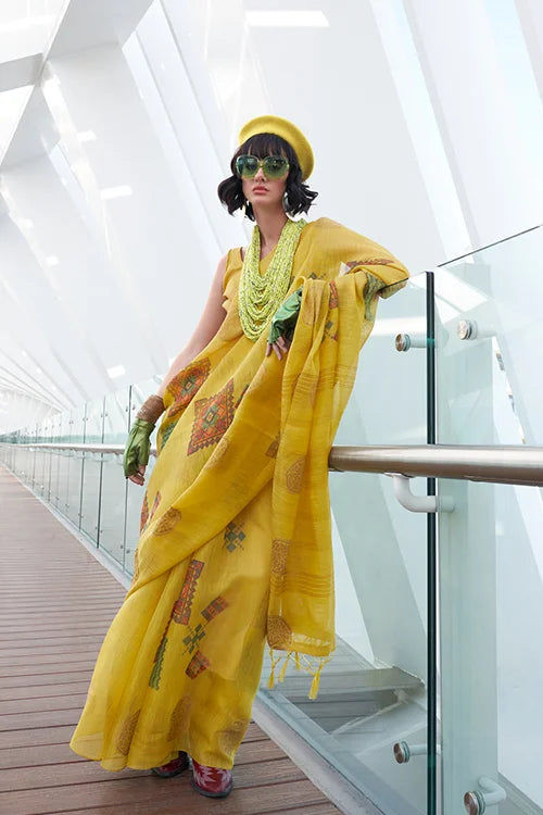 Yellow Zari Tissue Handwoven Printed Silk Saree With Blouse Piece