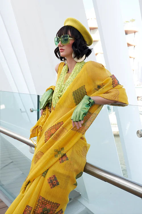Yellow Zari Tissue Handwoven Printed Silk Saree With Blouse Piece