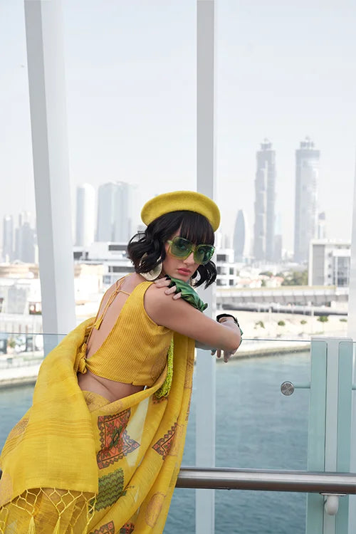 Yellow Zari Tissue Handwoven Printed Silk Saree With Blouse Piece