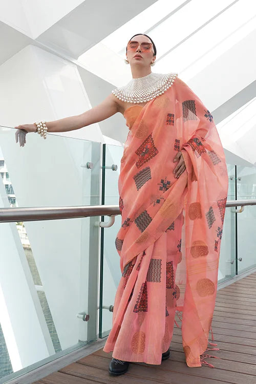 Traditional Saree With Contrast Border Zari Tissue Handloom Printed Silk Saree