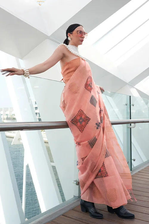 Traditional Saree With Contrast Border Zari Tissue Handloom Printed Silk Saree