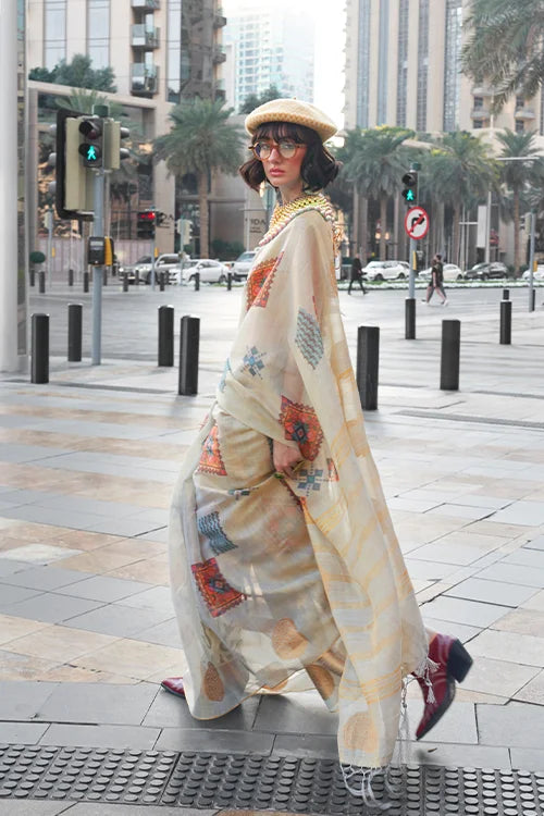 Tissue Off-White Festival Collection In Women Wear Saree With Unstitched Blouse