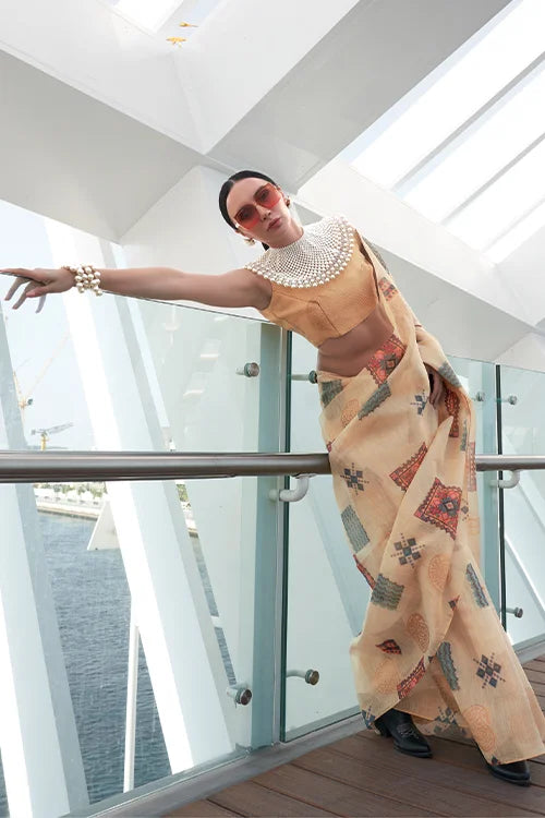 charming Cream Digital Printed Tissue Silk Saree With Unstitched Blouse