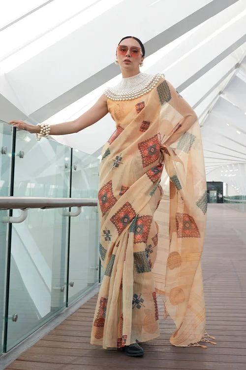 charming Cream Digital Printed Tissue Silk Saree With Unstitched Blouse