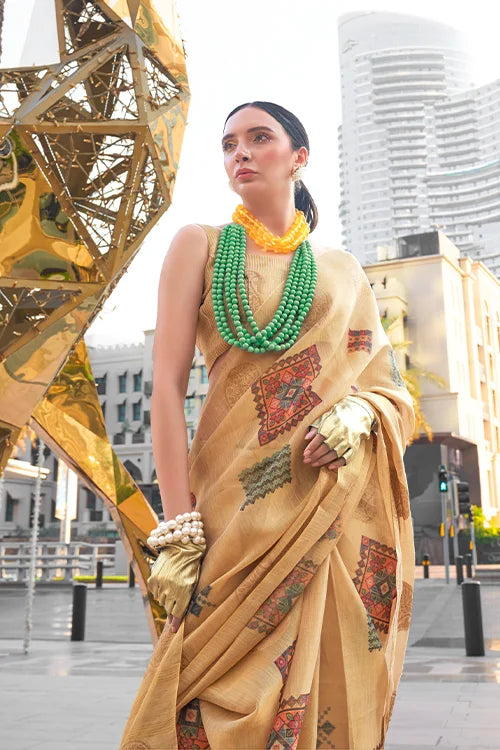 Gorgeous Beige Digital Printed Satin Handloom Silk Saree With Unstitched Blouse Piece