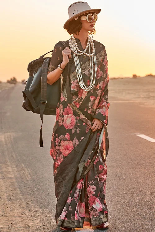 Floral Printed Tussar Silk Saree With Fancy Blouse Piece At Shubhkala