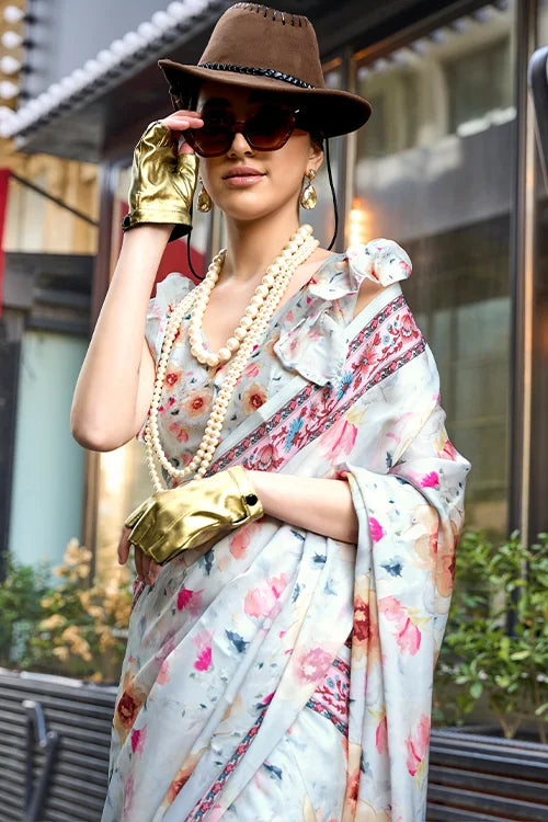 Preety Light Grey Digital Printed Satin Georgette Saree With Blouse