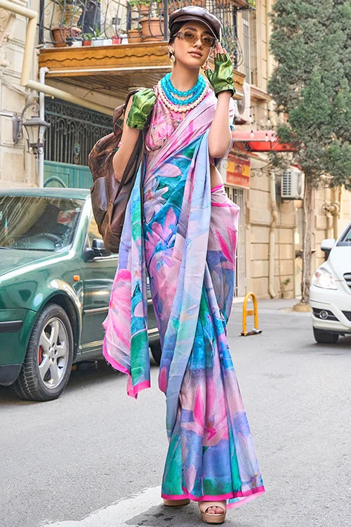 Peachmode Multi Color Floral Printed Saree With Blouse Piece At Shubhkala