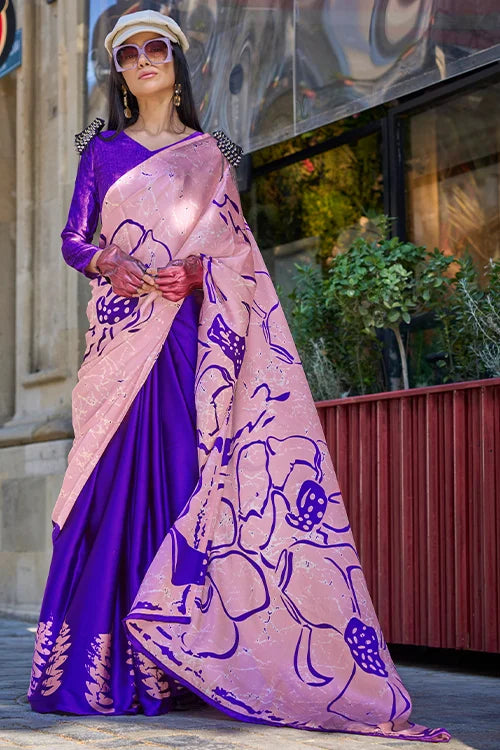 Stunning Pink & Purple Designer Satin Silk Saree With Unstitched Blouse