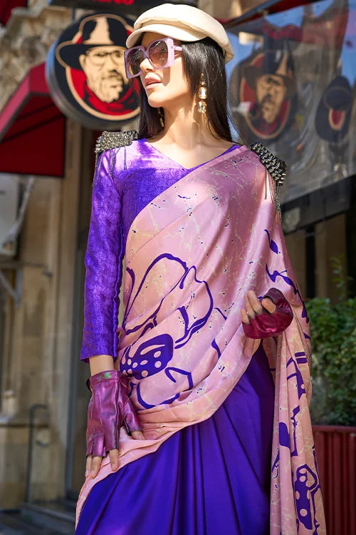 Stunning Pink & Purple Designer Satin Silk Saree With Unstitched Blouse