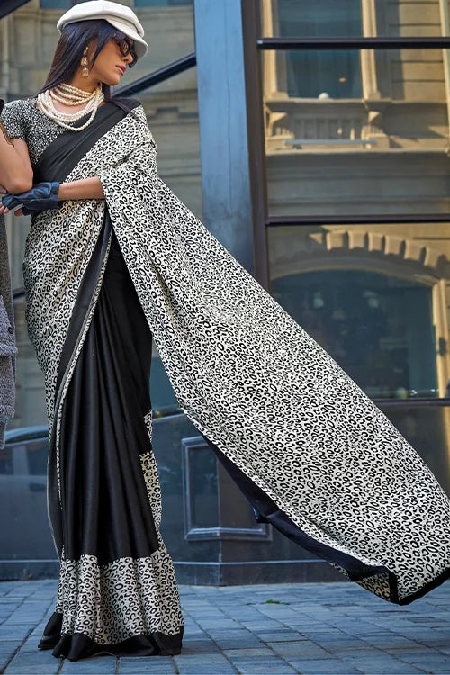 Hand Printed Silk Saree With Printed Blouse At Shubhkala
