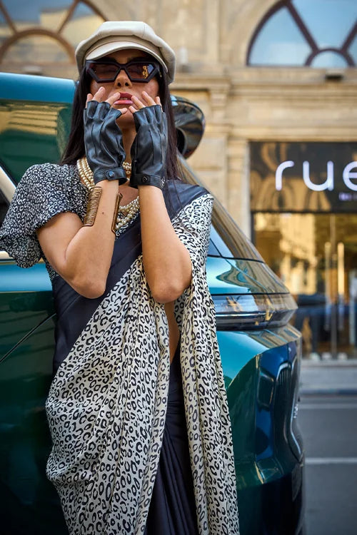 Hand Printed Silk Saree With Printed Blouse At Shubhkala