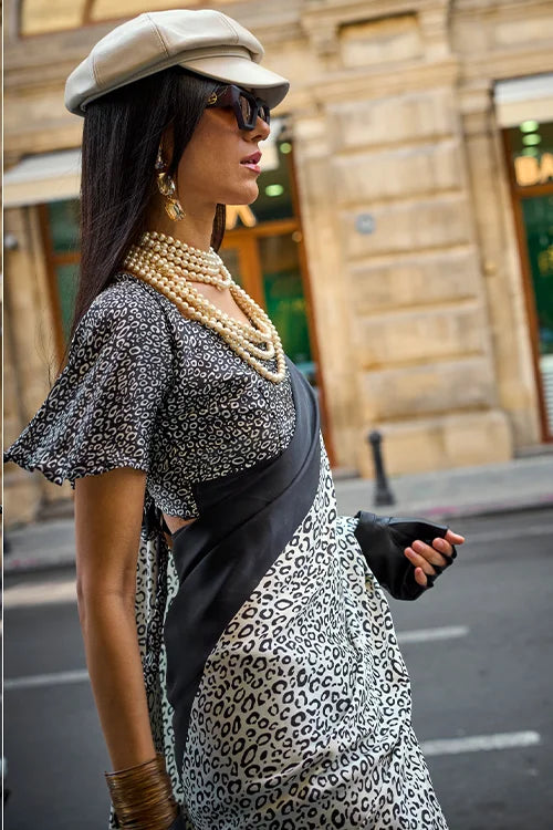 Hand Printed Silk Saree With Printed Blouse At Shubhkala