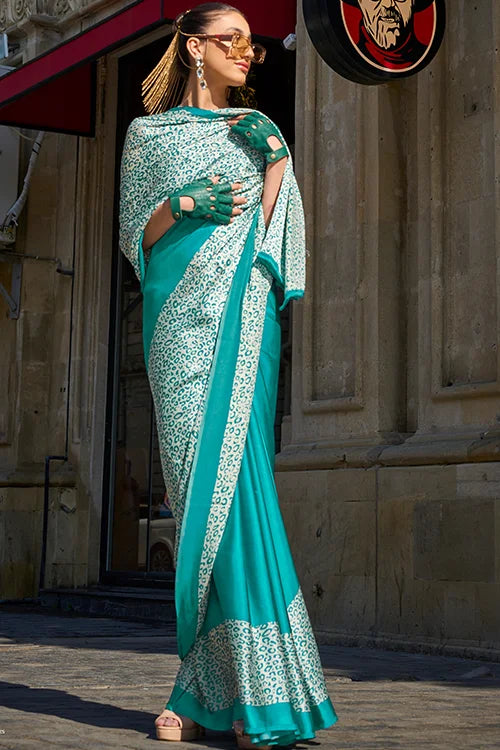 Indian Wedding Satin Silk Designer Saree With Printed Blouse Piece At Shubhkala
