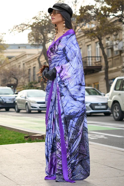 Satin Crepe Purple Color Saree With Blouse Piece At Shubhkala