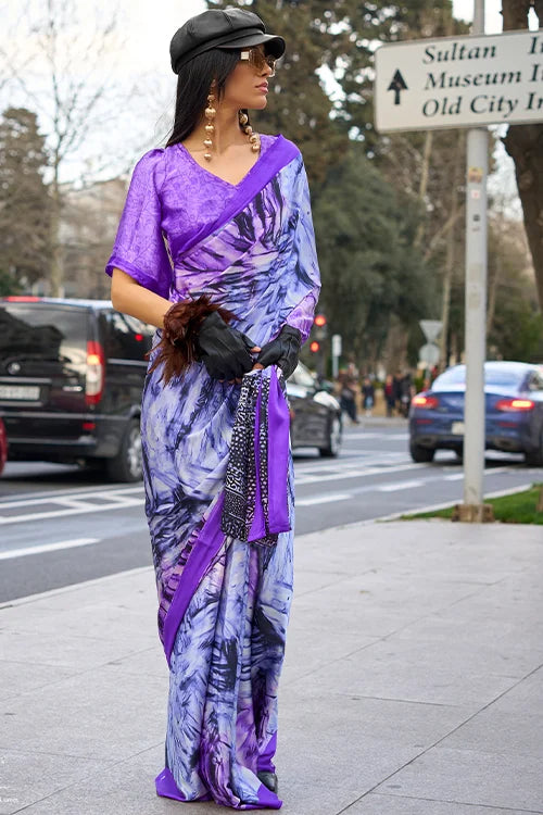 Satin Crepe Purple Color Saree With Blouse Piece At Shubhkala