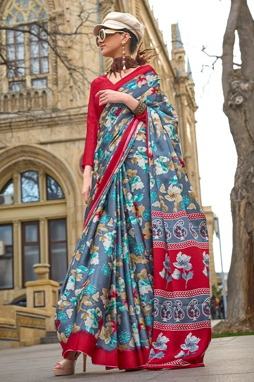 Slate Grey Digital Print Satin Silk Saree With Blouse Piece At Shubhkala