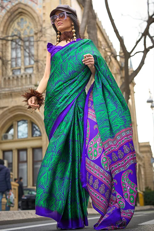 Designer Saree With Printed Satin Silk Blouse At Shubhkala Fashion