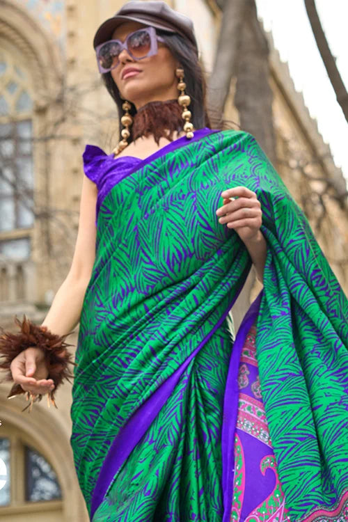Designer Saree With Printed Satin Silk Blouse At Shubhkala Fashion