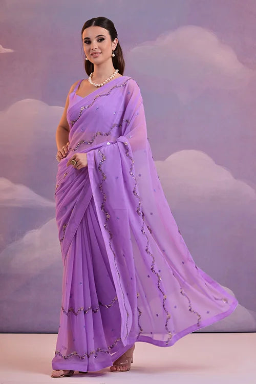 Designer Purple Georgette Saree with 4-Sequin Embroidery