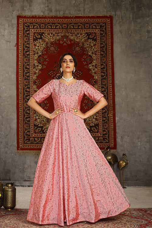 Pink Taffeta Metalic Foil Work Beautiful Anarkali Long Gown