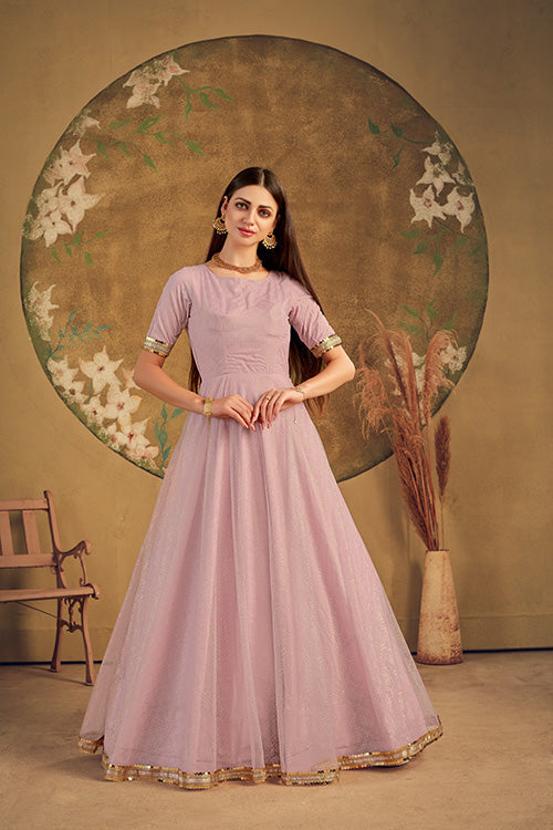 Dusty Pink Net Metalic Foil Work Beautiful Anarkali Long Gown
