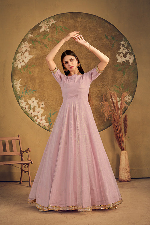 Dusty Pink Net Metalic Foil Work Beautiful Anarkali Long Gown