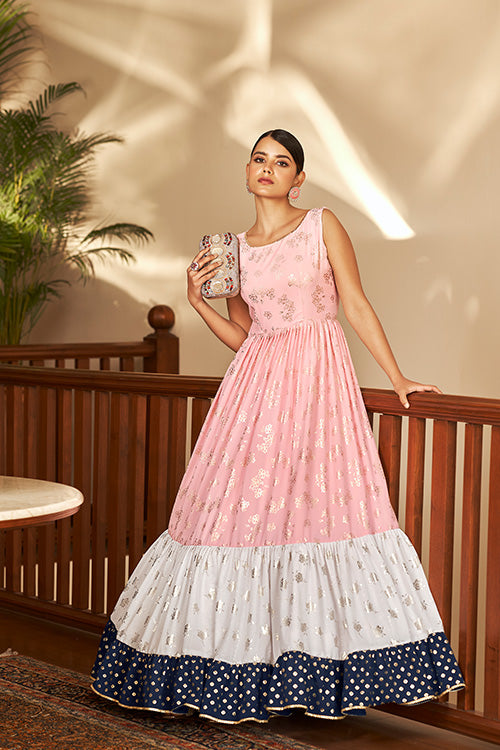 Multi Color Georgette Metalic Foil Work Beautiful Anarkali Long Gown
