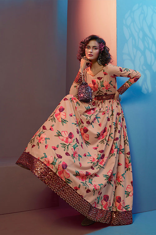 Peach Natural Crepe Print With Sequince Embroidered Work Long Gown