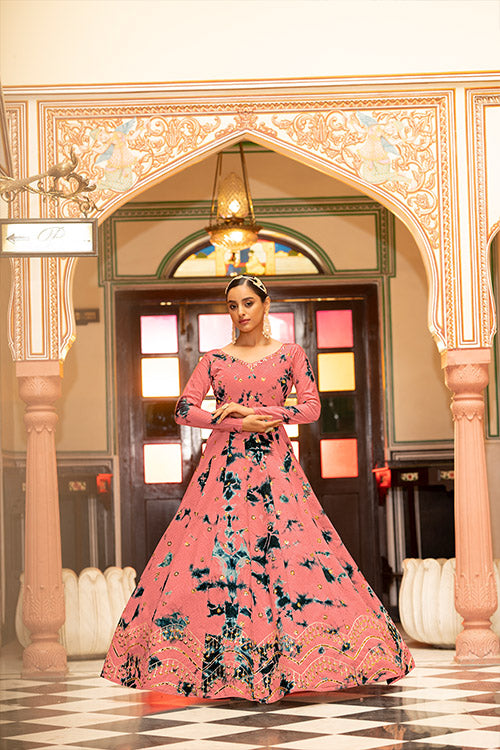 Peach Cotton Shibori Print With Sequince Embroidered Anarkali Gown